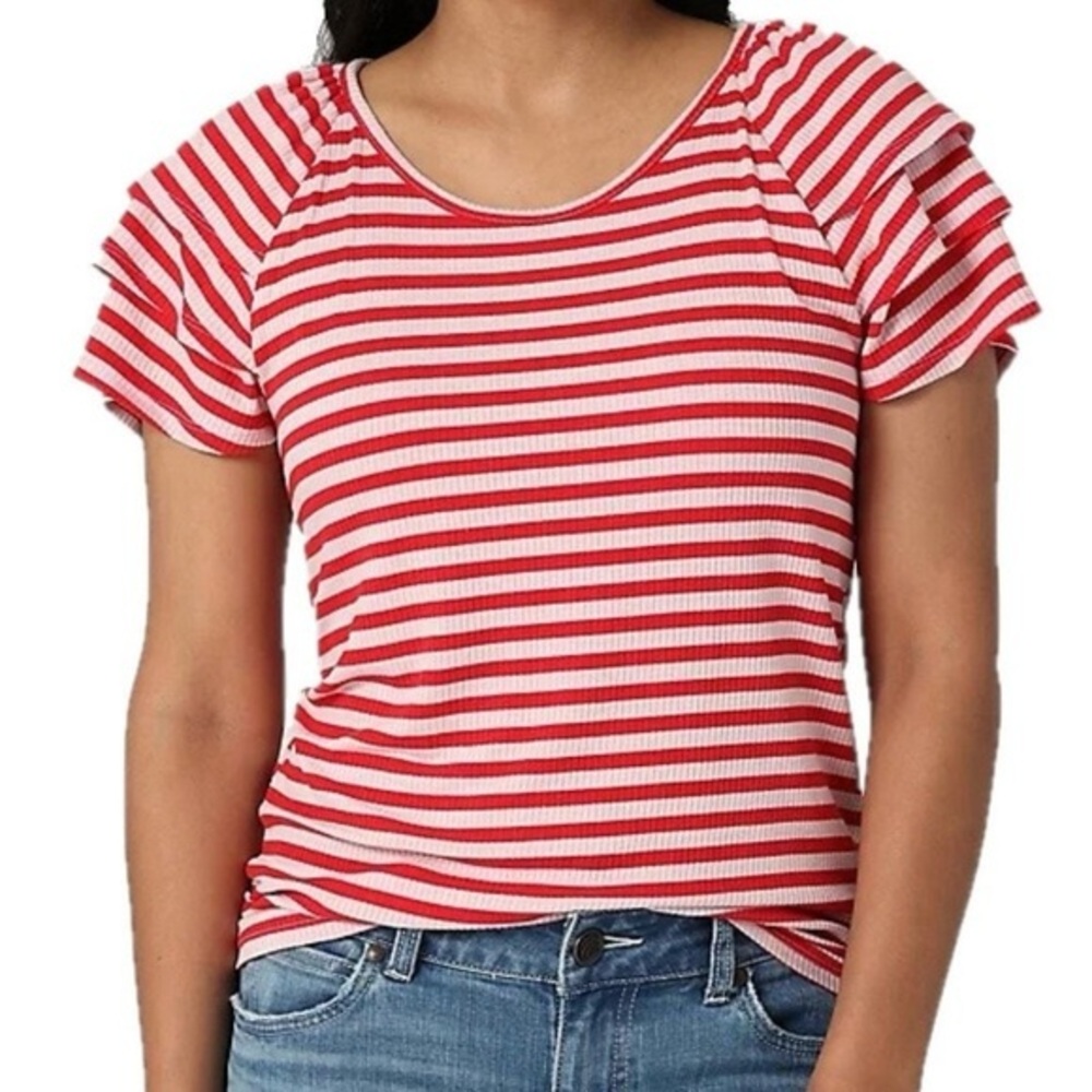 Wrangler Essential Flutter Tee Shirt Red Striped Ribbed Knit Top 3XL Nautical